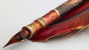 A decorative quill pen with rich jeweltoned feathers perfect for penning poetic verses or romantic letters photo