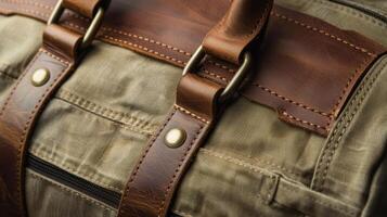 A closeup of a designer travel bag with a combination of leather and canvas featuring sy handles and multiple pockets illustrating the durability and practicality of mens accessorie photo