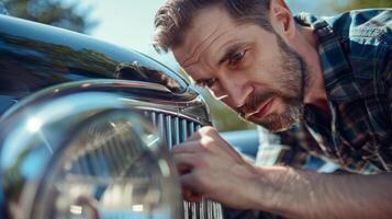 A man leans in intently focused on reattaching a vintage emblem to the front of the car photo