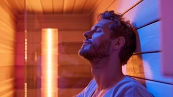 A man using an infrared sauna feeling the warmth trate his skin and increase circulation. photo