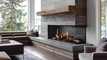 The unique mantel design features clean lines and geometric shapes adding to the overall modern feel of the fireplace. 2d flat cartoon photo