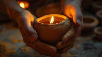 A pair of hands carefully molding a piece of clay into a small cup destined to hold a flickering candle. photo