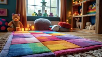 A colorful geometric patterned rug brings a sense of energy and playfulness to a childs bedroom featuring a mix of squares circles and stars in shades of pink purple and green photo