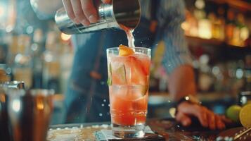 The bartender expertly shakes and mixes a mocktail creating a delicious blend of flavors and textures photo