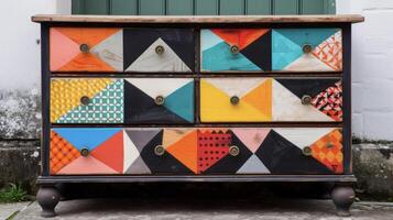 un conjunto de antiguo cajones dado nuevo vida como un elegante almacenamiento unidad con vibrante geométrico patrones pintado en cada cajón frente foto
