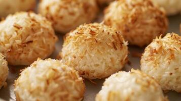 A tray of chewy and irresistible macaroons coated in a generous layer of toasted coconut flakes photo