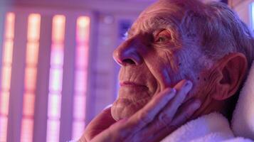 A medical professional explaining the numerous health benefits of infrared saunas for older adults such as reducing chronic pain and improving heart health. photo