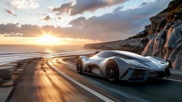 An exquisite sports car speeds along a coastal highway the sun sparkling on its polished exterior photo