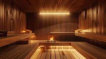 el calmante calor de el sauna Ayudar a aliviar post-entrenamiento dolor y promoviendo un mejor noches dormir. foto