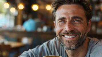un hombre sonriente con contentamiento como él toma un sorbo de su perfectamente elaborada artesano café sensación el calor y complejidad de el sabores foto