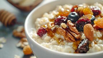 un calentar cuenco de cremoso harina de avena coronado con un variedad de coberturas tal como nueces seco Fruta y miel Listo a ser disfruté en el comodidad de cama foto