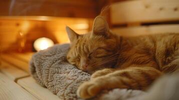 A cat napping on a pillow near the sauna clearly enjoying the residual warmth. photo