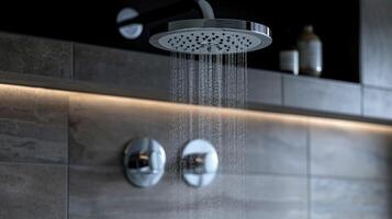 A closeup of a shower control panel with customizable temperature and water pressure options controlled by a smart device creating the ultimate spalike experience in the bathroom photo