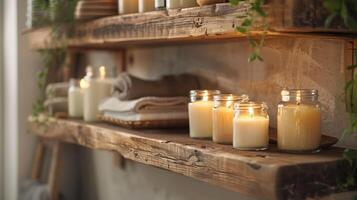 Rustic wooden shelves are filled with jars of candles filling the bathroom with a warm honeyscented glow. The candles paired with the natural wood elements create a 2d flat cartoon photo