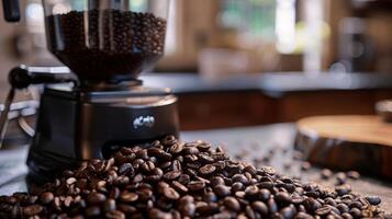 A pile of dark roasted coffee beans next to a ceramic burr grinder ready to be freshly ground photo