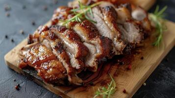 Juicy and smoky slices of roast pork cooked over an open fire until theyre crispy on the outside and irresistibly tender on the inside. Served with a side of homemade applesauc photo