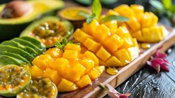 A taste of the tropics on a charerie board with slices of honeyed mango chunks of ripe avocado and drizzles of passionfruit coulis photo