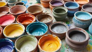 A potters tools including a set of scales and a color wheel alongside pots of clay in a rainbow of colors showcasing the technical and artistic skill involved in custom mixing. photo