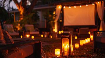 The charming setting of an outdoor movie night lit by the warm glow of candles and the fiery glow of a crackling fire. 2d flat cartoon photo