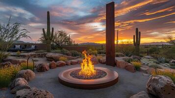 As the sun sets the fire pit becomes the center of attention casting a vibrant light on the modern sculptures that surround it. 2d flat cartoon photo