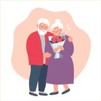 An elderly couple is happy together. Grandma with a bouquet. The old man hugs his wife. vector