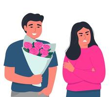 un Pareja de amantes son disputas. un hombre da un ramo de flores a un ofendido muchacha. vector