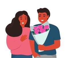 Couple in love together. A guy gives a bouquet to a girl, shows his feelings. vector