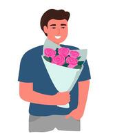 chico con un ramo de flores de flores un hombre lleva rosas como un regalo a felicitar. vector