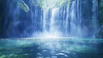 A towering waterfall cascading down into a crystal clear pool the mist creating a serene atmosphere photo