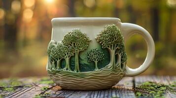 A unique ceramic mug with a relief carving of a whimsical forest scene each tree and leaf carved with precision and detail. photo