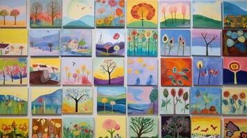 A collection of unique and colorful paintings all created by retirees who have found joy and fulfillment in their retirement through the art of creation photo