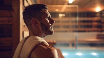 un hombre pisar fuera de el sauna sensación refrescado y energizado después un relajante sesión. foto