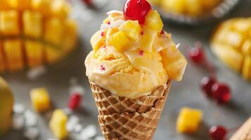 A fruit ice cream cone made with tropical flavors like pineapple mango and coconut topped with a cherry on top for added fun photo