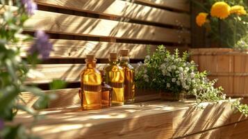 A table displaying natural herbs and oils used to enhance the detoxification process in the sauna. photo