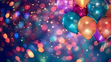 A festive atmosphere with colorful lights and balloons creating a vibrant backdrop for the celebration photo