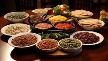 A table set with a variety of hearthealthy dishes including whole grains beans and lean meats emphasizing the importance of a balanced and nutrientrich diet for seniors photo