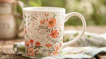 A ceramic mug featuring a layered design of delicate flowers and foliage giving it a whimsical and feminine touch. photo