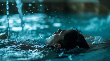 A person submerged in a cold plunge pool outside of the sauna which can be used as a contrast therapy to further enhance the health benefits. photo