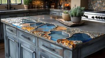 A mix of light and dark recycled glass pieces create a unique and eyecatching design on a kitchen island countertop adding a touch of ecochic to the space photo