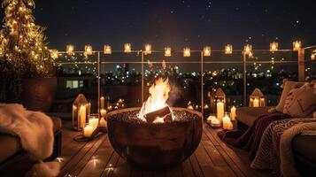 Warm blankets and a crackling fire pit surrounded by candles make this rooftop stargazing session feel like a luxurious experience. 2d flat cartoon photo