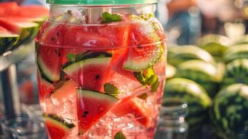 A large dispenser filled with icecold watermelon infused water complete with floating watermelon slices and mint leaves photo