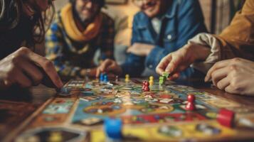 A board game spread out on a coffee table with friends huddled around strategizing and laughing as they compete photo