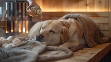 A dog curled up comfortably on a towel while its owner pours water on heated rocks in the sauna. photo