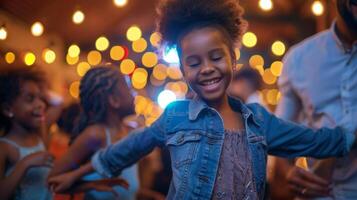 un calentar y acogedor atmósfera con optimista música jugando y familias bailando y teniendo divertido juntos foto