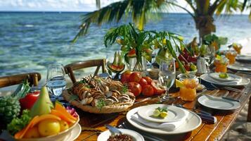 un mesa conjunto para un junto a la playa cena fiesta con A la parrilla Mariscos tropical ensaladas y un selección de exótico frutas foto