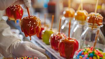 A candy apple making station where guests are dipping apples in caramel and decorating them with colorful sprinkles photo