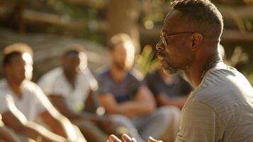 A the leading a group session on emotional release and healing encouraging men to let go of past traumas and emotions at a retreat photo