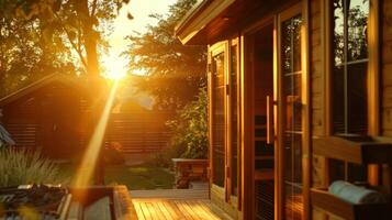 The beautiful golden light escaping from the windows of an outdoor infrared sauna as the sun sets in the background. photo