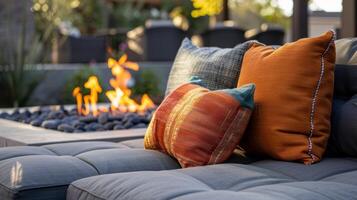 Plush outdoor pillows provide comfortable seating for lounging around the fire. 2d flat cartoon photo