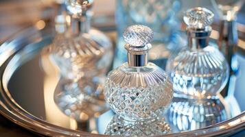 A closeup of designer perfume bottles arranged on a mirrored tray capturing the essence of luxury and sophistication photo